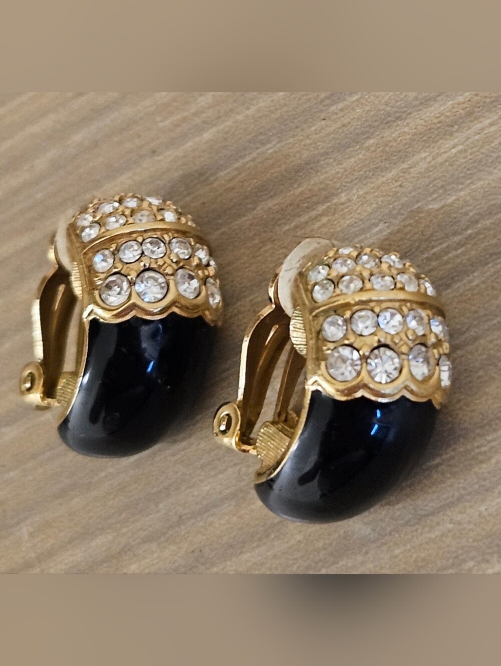 VINTAGE Swarovski Swan Black Enamel and Crystal Rhinestones CLIP-ON EARRINGS